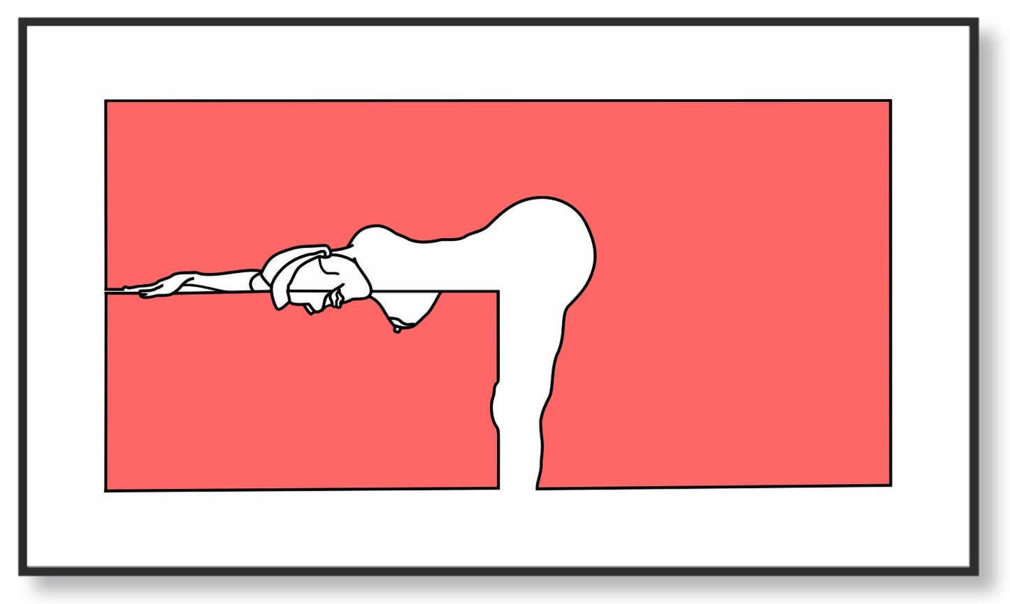 Surreal abstract artwork with a prone woman on a red background