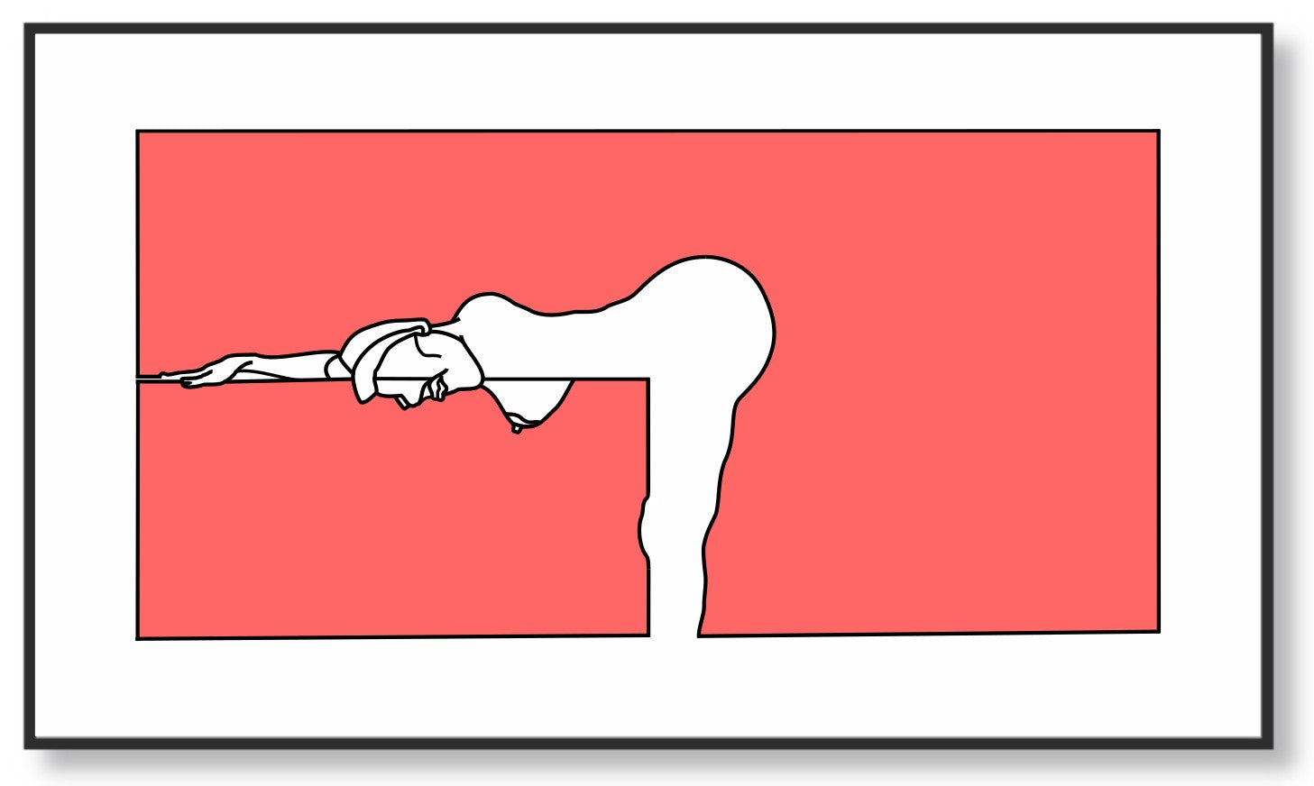 Surreal abstract artwork with a prone woman on a red background