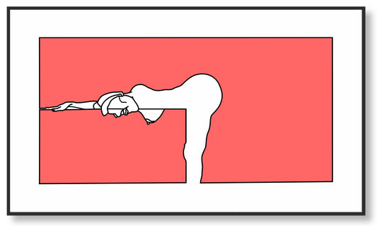 Surreal abstract artwork with a prone woman on a red background
