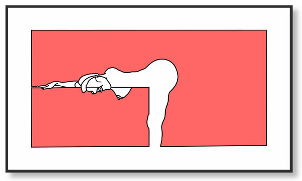 Surreal abstract artwork with a prone woman on a red background